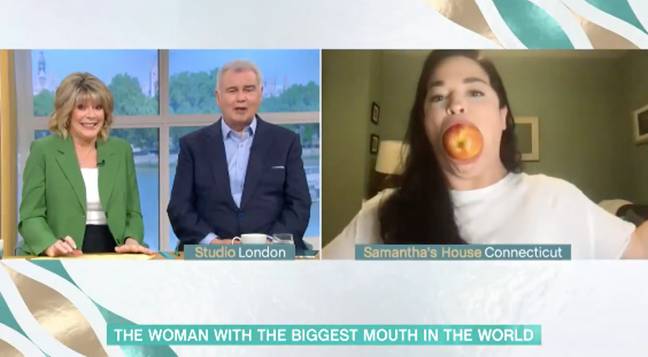 Ruth and Eamonn squirmed as Samantha stuffed the apple in her mouth (Credit: ITV)