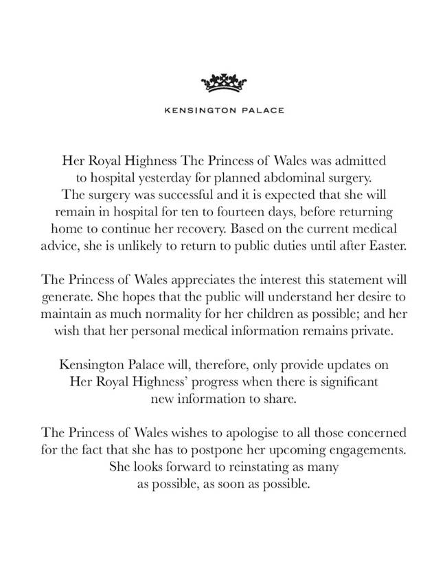 Kensington Palace released a statement about the Princess' health last month. Credit: Instagram/@princeandprincessofwales