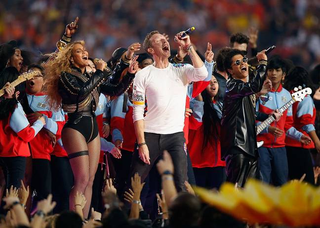 Beyonce, Chris Martin of Coldplay and Bruno Mars perform during Super Bowl. Credit: Getty
