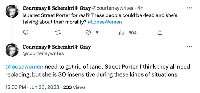 Viewers branded Janet Street-Porter as 'insensitive'. Credit: Twitter/@courtenaywrites