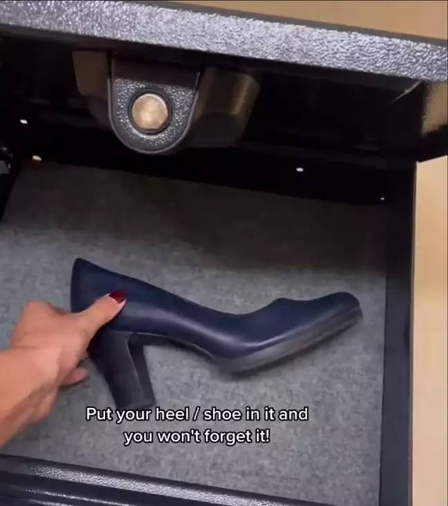 Elsewhere in 'hotel hacks from flight attendants featuring a shoe' is the advice to put a shoe in your safe so you don't forget anything in there. Credit: @esthersturrus/TikTok