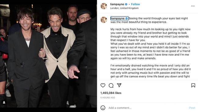 The former One Direction star shared a touching tribute to his pal Louis Tomlinson. Credit: Instagram