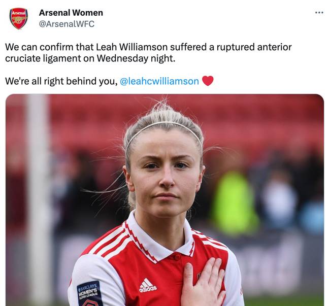 Arsenal confirmed the news of Leah Williamson's injury. Credit: Twitter/@ArsenalWFC