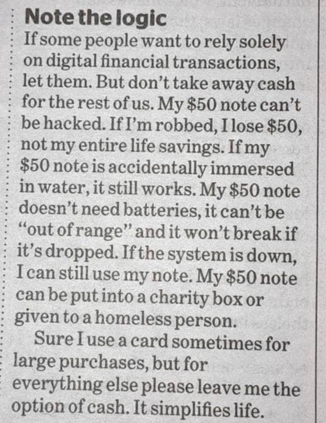Julie was not happy about the move towards a cashless society. Credit: Facebook
