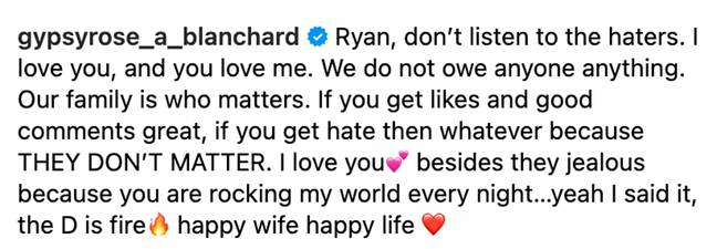 Gypsy shared a saucy message with her husband. Credit: Instagram/@gypsyrose_a_blanchard