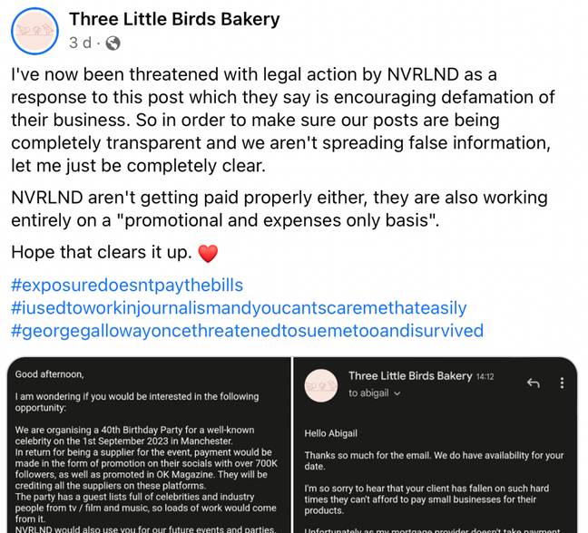 The small business shared a shocking update on Facebook. Credit: Facebook/Three Little Birds Bakery