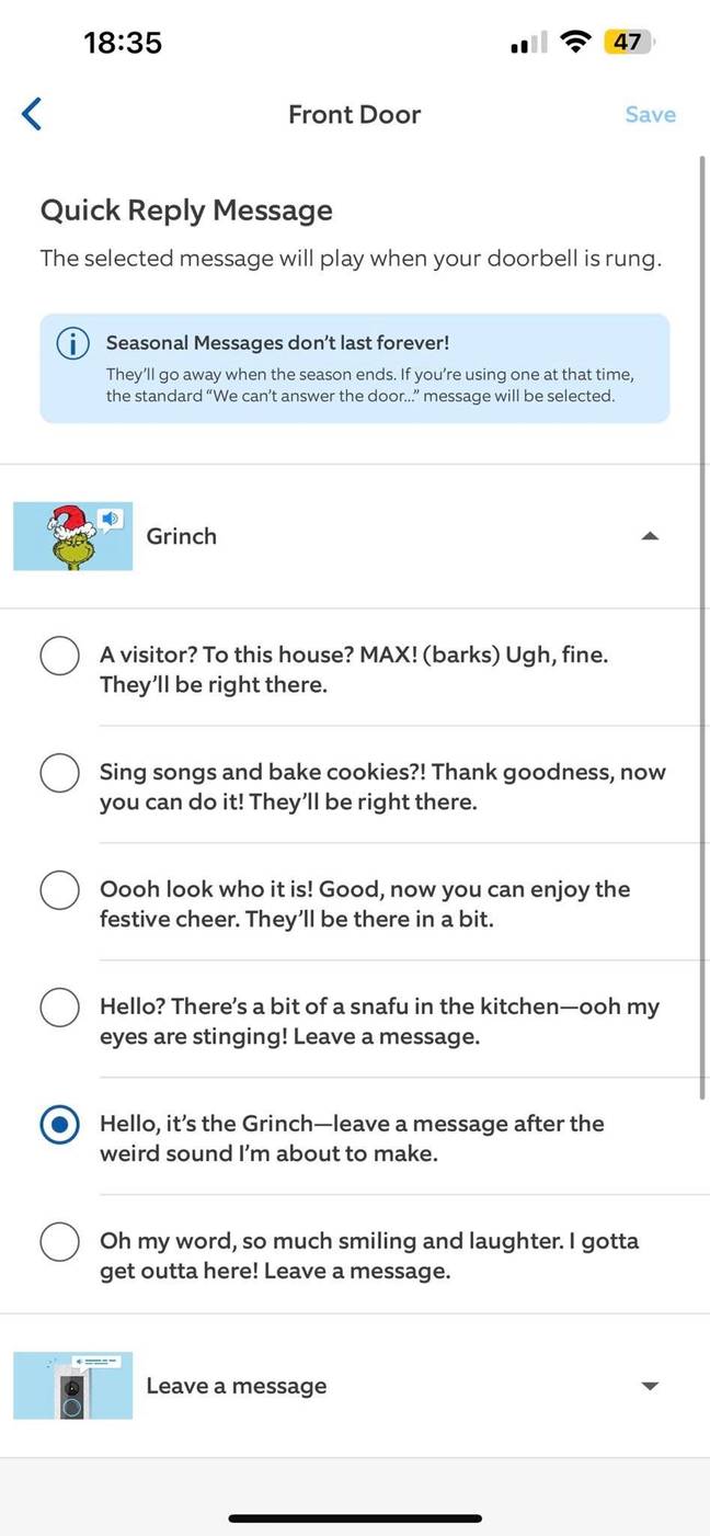 The Ring app has a range of Grinch sounds.  Credit: Ring/Emily Marie/Facebook