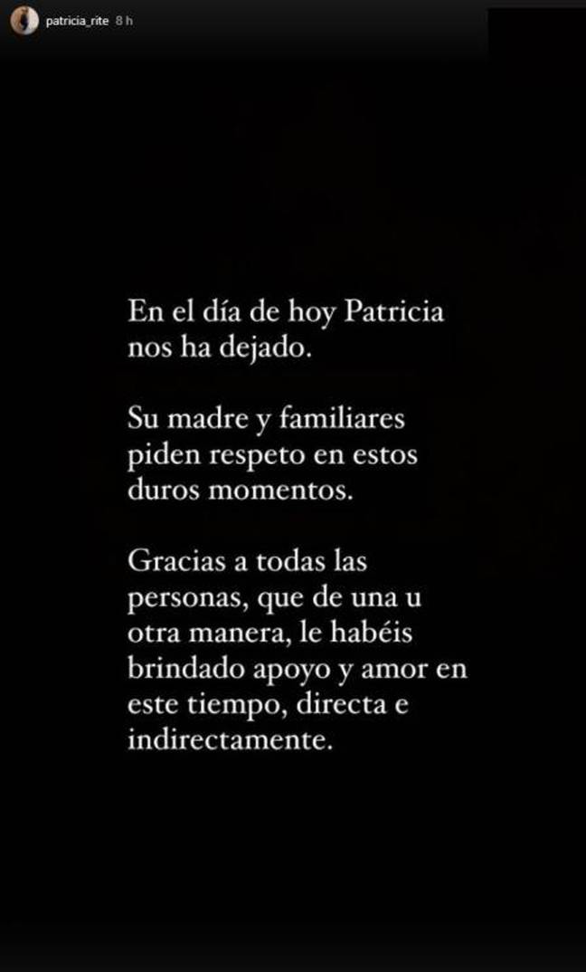 Paricia Rite's family announced her death on 16 April. Credit: patricia_rite/Instagram