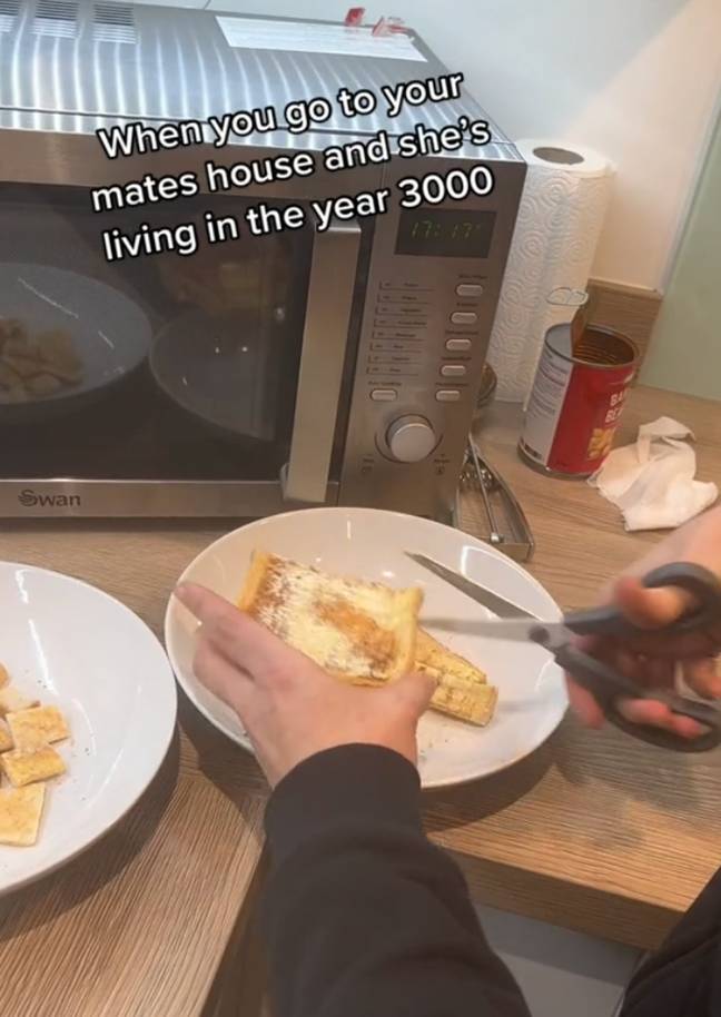 The unique hack sees the toast cut up into pieces before the beans are added. Credit: northernblondeabroard/TikTok
