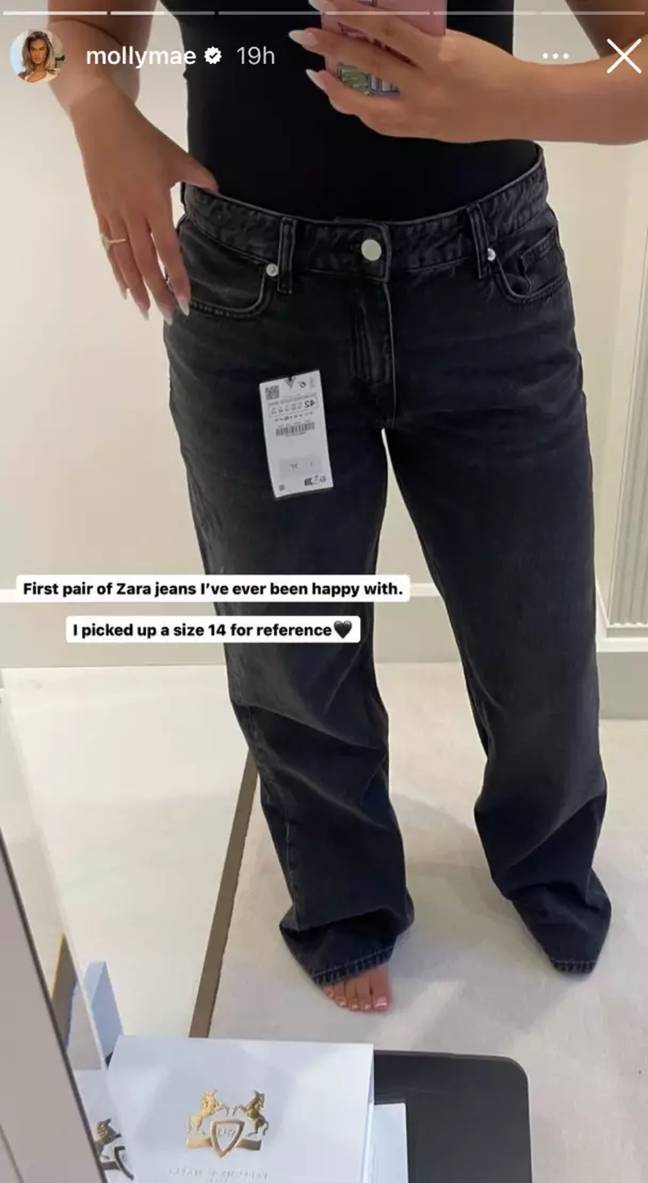 Molly-Mae's size 14 jeans has sparked a debate about the issues surrounding high street sizing. Credit: Instagram/@mollymae