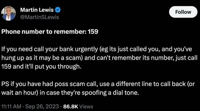 Martin Lewis reminded people of the number in a post to X. Credit: X/ @MartinSLewis