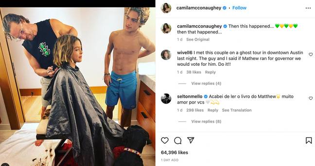 Matthew McConaughey cut his youngest son's hair with the dog and his other son watching on. @camilamcconaughey/Instagram