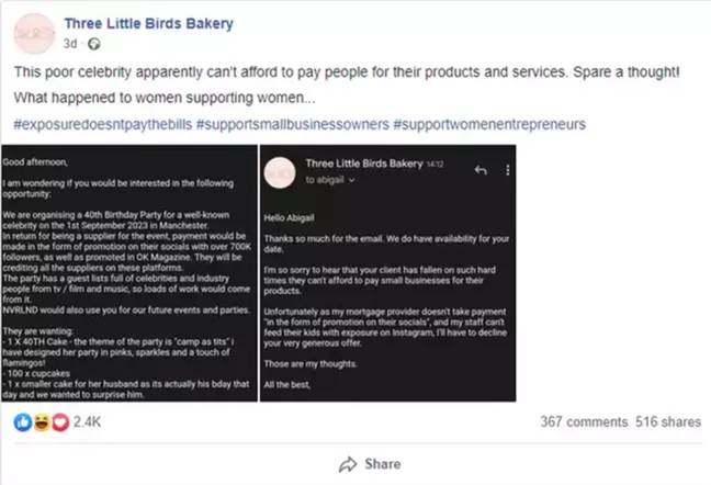 The Bradford bakery called out the company. Credit: Facebook/Three Little Birds Bakery