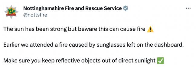 The fire department has issued a warning to drivers. Credit: Twitter/@nottsfire