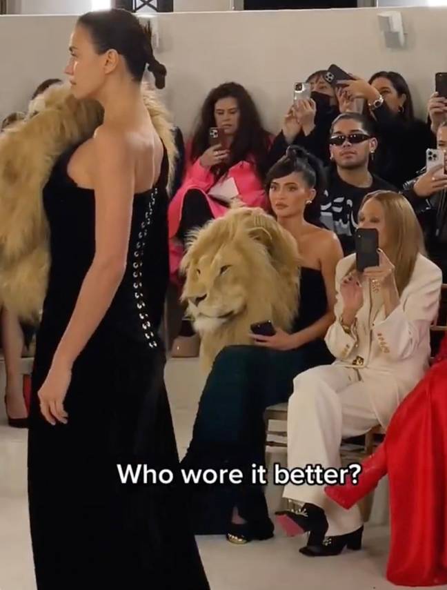 Kylie Jenner didn't look happy after Irina Shayk pulled up in the same lion head dress. Credit: Instagram/@leoniehanne