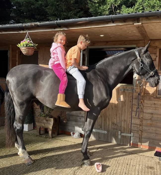 Katie Price has been criticised for picturing her two children - Bunny and Jett - sitting on a stationary horse without protective helmets. Credit: Instagram/@katieprice