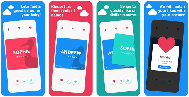 The app lets you and your partner swipe on baby names. Credit: Kinder/App Store