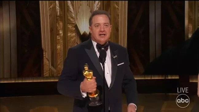 Brendan Fraser was emotional when he delivered his speech. Credit: ABC 