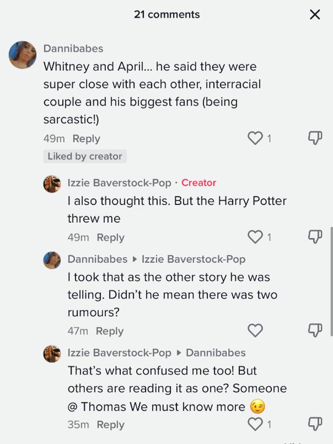 Fans have been trying to debunk Thomas' code that hinted who 'cheated' during the show. Credit: TikTok