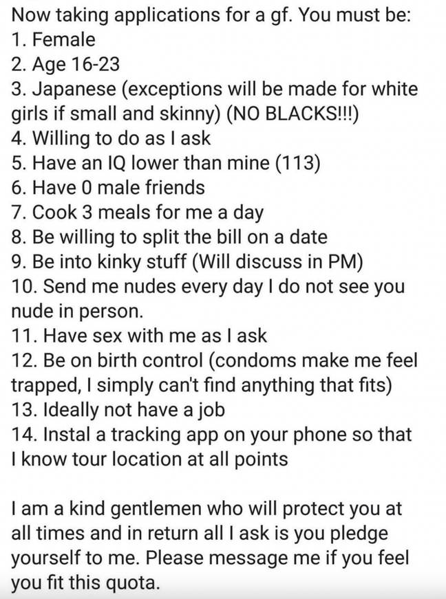 The girlfriend requirement list that's outraged Reddit. Credit: Reddit / chief_espionage
