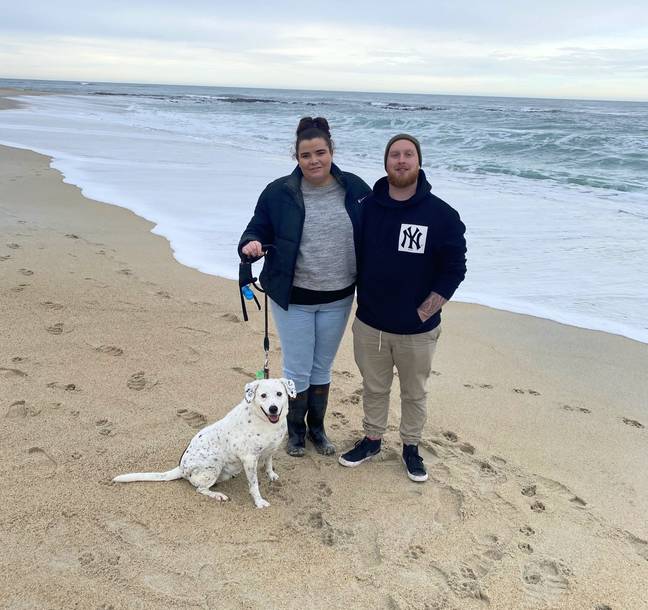 Vicky Jones, her new fiancé Josh Stewart and dog Breeze. Credit: Kennedy News and Media 