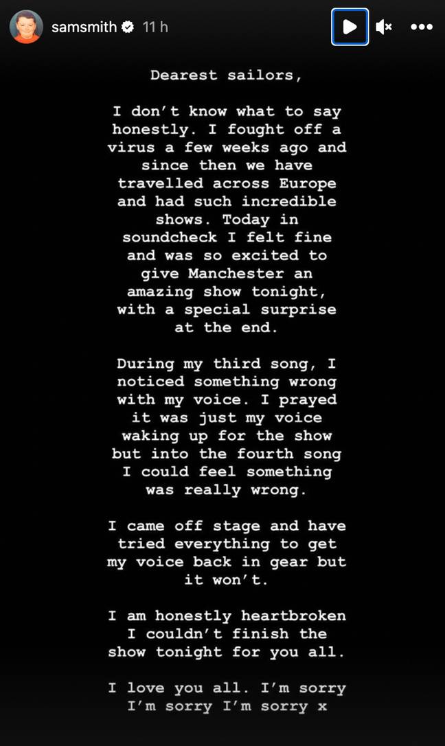 Sam issued an apology to fans. Credit: Instagram/@samsmith