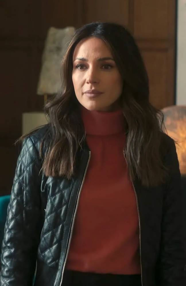 Fans are loving Michelle Keegan's wardrobe in Don't Fool Me Once, including this Maje bomber jacket. Credit: Netflix