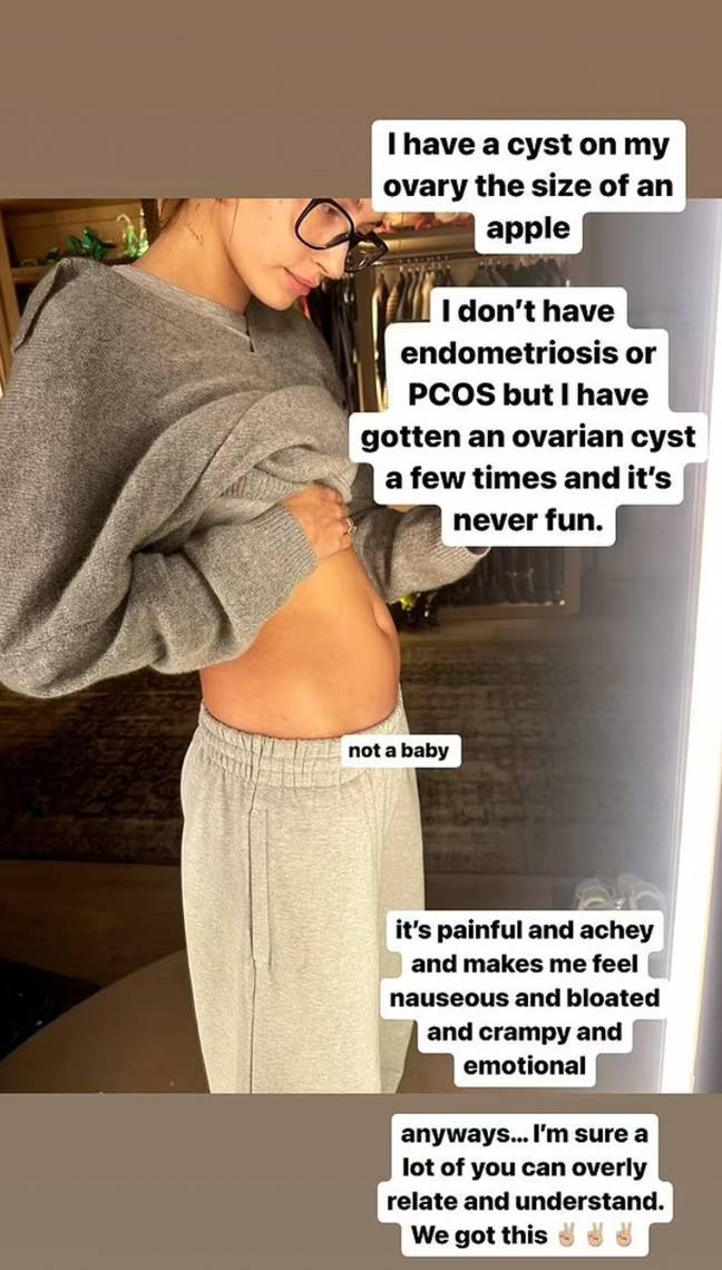 Hailey told followers she was suffering with an ovarian cyst. Credit: Instagram/@haileybieber