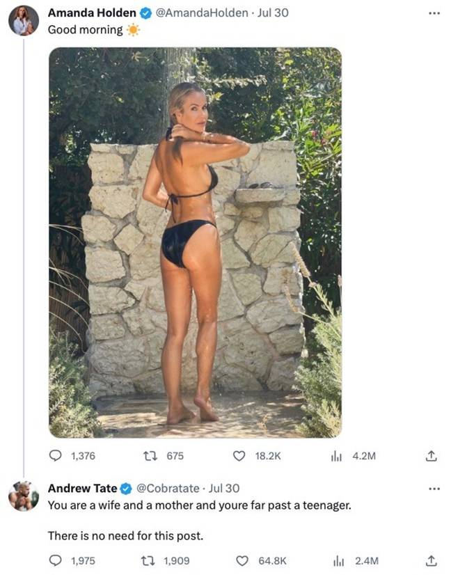 Andrew Tate has been called out for harshly mum-shaming Amanda Holden on social media. Credit: Twitter/@AmandaHolden