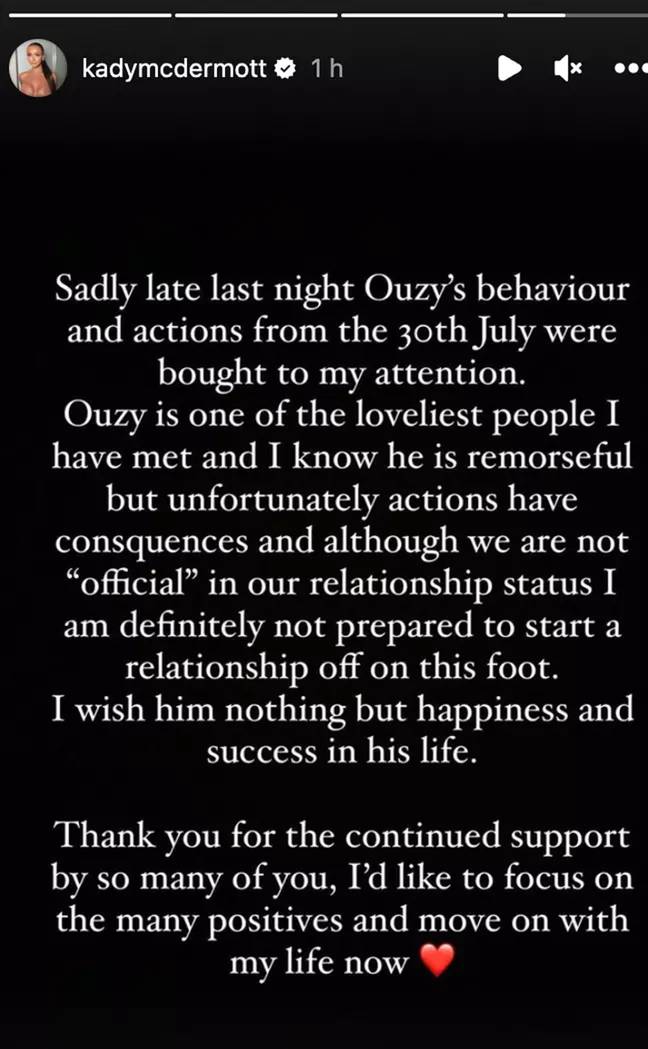Kady announced that she and Ouzy had split up earlier this month. Credit: Instagram/@kadymcdermott