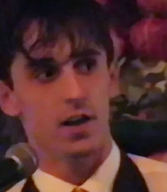 A young Gary Neville took to the stand to deliver an X-rated joke about the Spice Girls during Posh and Becks' 90s wedding. Credit: Netflix