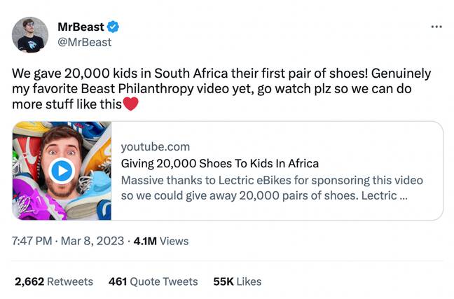 Only uploaded yesterday, the video has already got over 1.5 million views. Credit: @MrBeast/Twitter