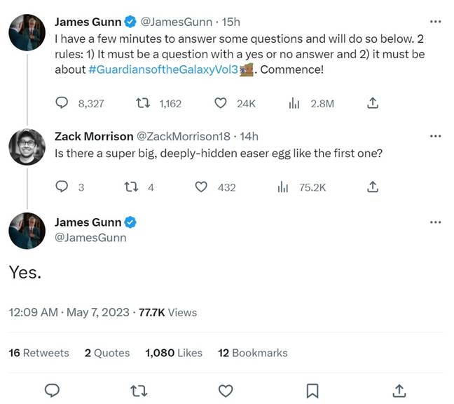 James Gunn said there was a special easter egg hidden in the latest Guardians of the Galaxy film but he won't say what. Credit: Twitter/@JamesGunn/ZackMorrison18