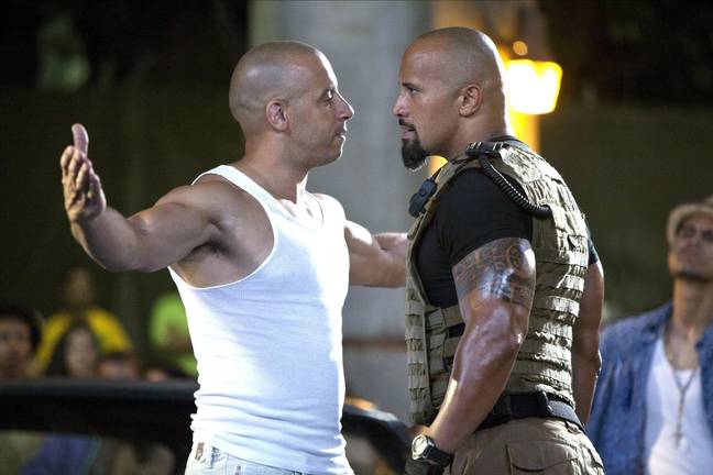 Dwayne Johnson and Vin Diesel on set. Credit: Alamy / Universal Pictures