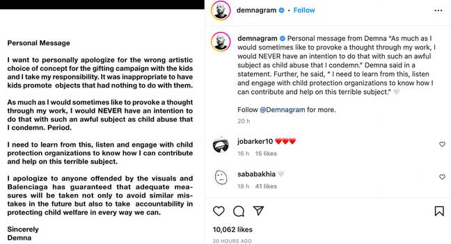 Gvasalia admitted the campaign was 'inappropriate'. Credit: demnagram/Instagram