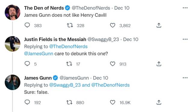 James Gunn debunked rumours that he didn't like Henry Cavill. Credit: Twitter