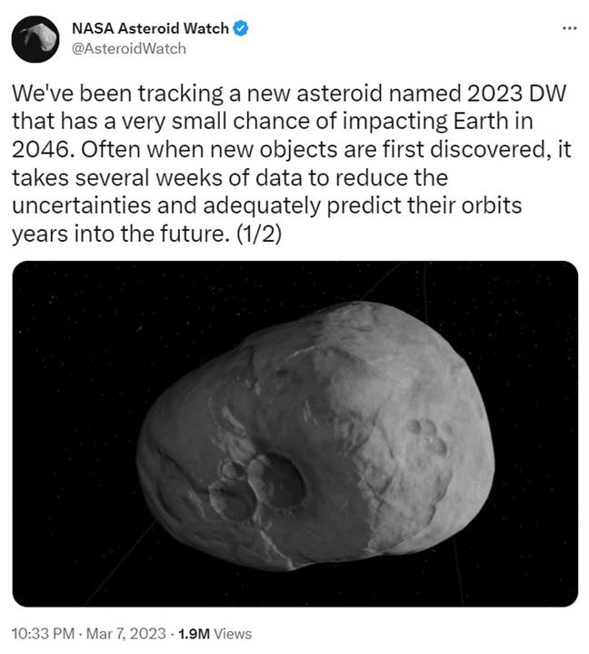 NASA are aware of the asteroid, and may use DART to stop it. Credit: Twitter/@AsteroidWatch