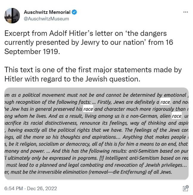 The Auschwitz Museum did not directly address Goldberg, but shared statements from Hitler. Credit: Twitter/@AuschwitzMuseum
