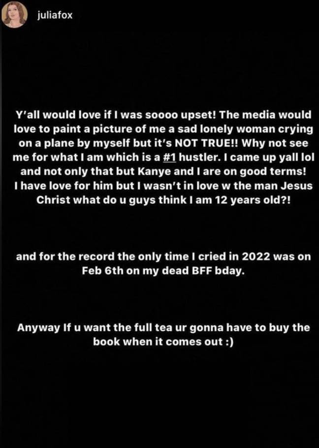 Julia Fox responds to split from Kanye West (@juliafox/Instagram)