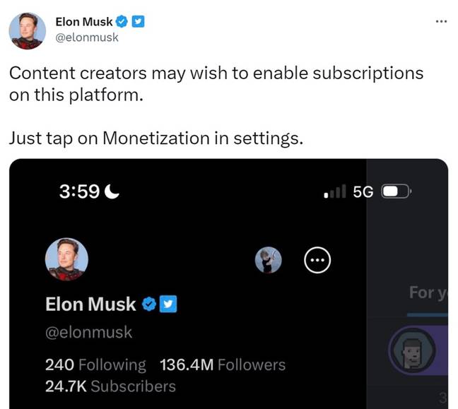People first spotted the possible alternative account when Elon Musk tweeted about subscriptions. Credit: Twitter/@elonmusk