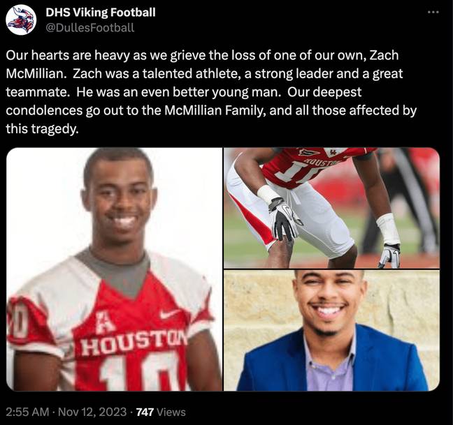 Fellow University of Houston player Zach McMillian also passed away as a result of the crash. Credit: X/ @DullesFootball