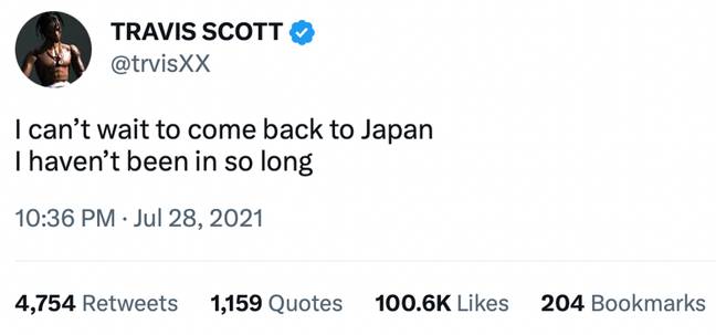 The rapper had previously raved about visiting Japan in 2021. Credit: Twitter/ @trvisXX