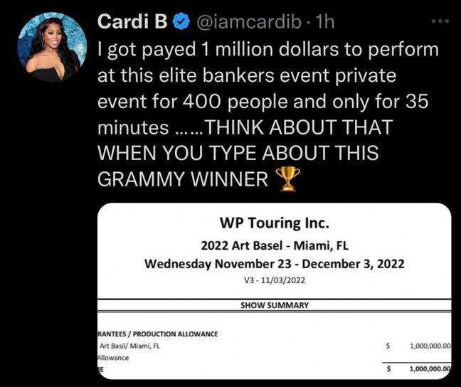 The rapper showed off her hefty payslip in a now-deleted tweet. Credit: Twitter