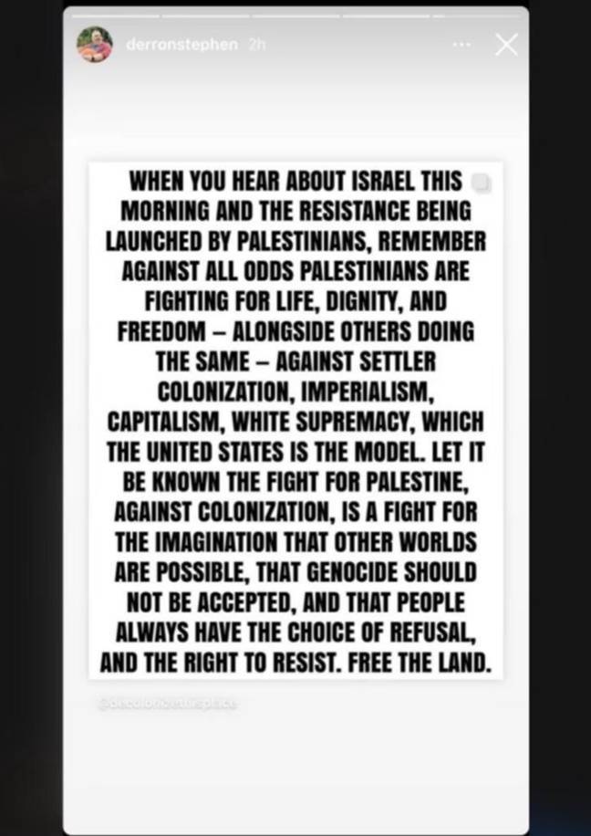 Derron Borders posted his support of Palestine on his Instagram story. Credit: Instagram/@derronstephen