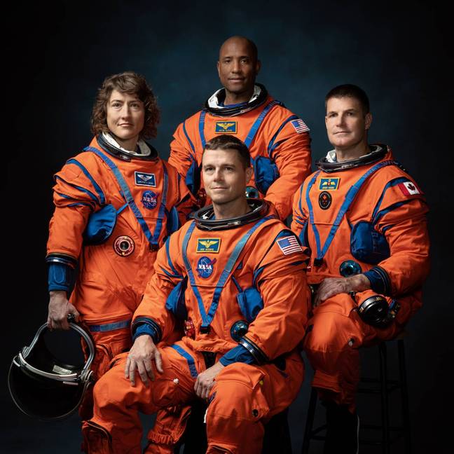 The crew of NASA’s Artemis II mission (left to right): NASA astronauts Christina Hammock Koch, Reid Wiseman (seated), Victor Glover, and Canadian Space Agency astronaut Jeremy Hansen. Credit:  NASA