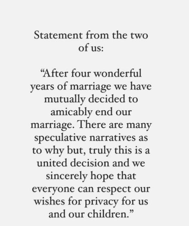 The couple released this statement to announce their divorce. Credit: Instagram/@sophiet