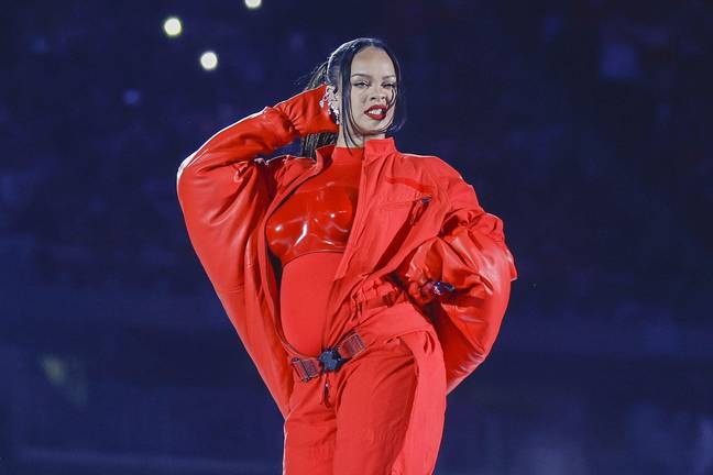 Rihanna flaunting her baby bump at the Super Bowl halftime show. Credit: UPI / Alamy Stock Photo