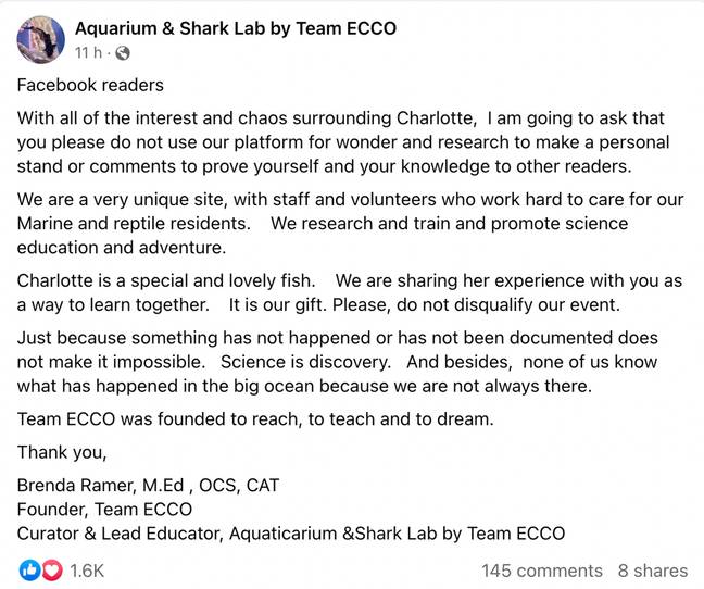 The aquarium posted on their social media. Credit:Credit: Aquarium &amp;amp; Shark Lab by Team ECCO/Facebook