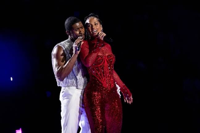 Usher and Alicia Keys at the Super Bowl. Credit:  Lauren Leigh Bacho/Getty Images