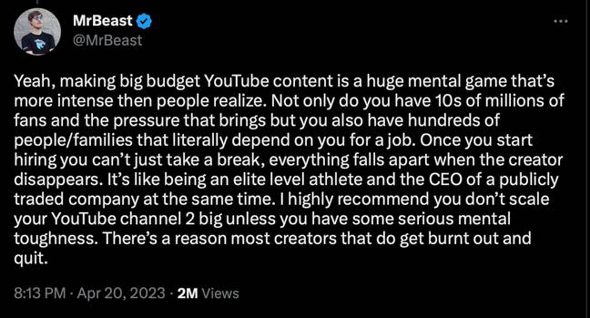 MrBeast opened up on why YouTubers quit. Credit: Twitter/@MrBeast